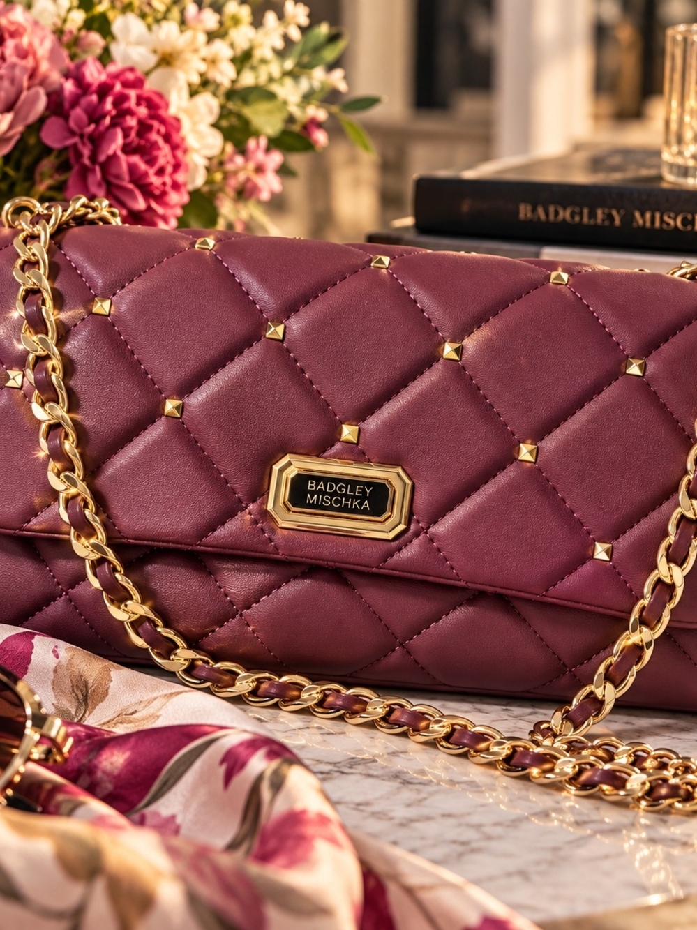 H-124 Badgley Mischka Quilted Burgundy Shoulder Bag Gold Chain Studded NWT
